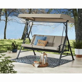 Mainstays MSS436247917029 Belden Park 3 Person Convertible Daybed Outdoor Steel Porch Swing with Canopy- Beige