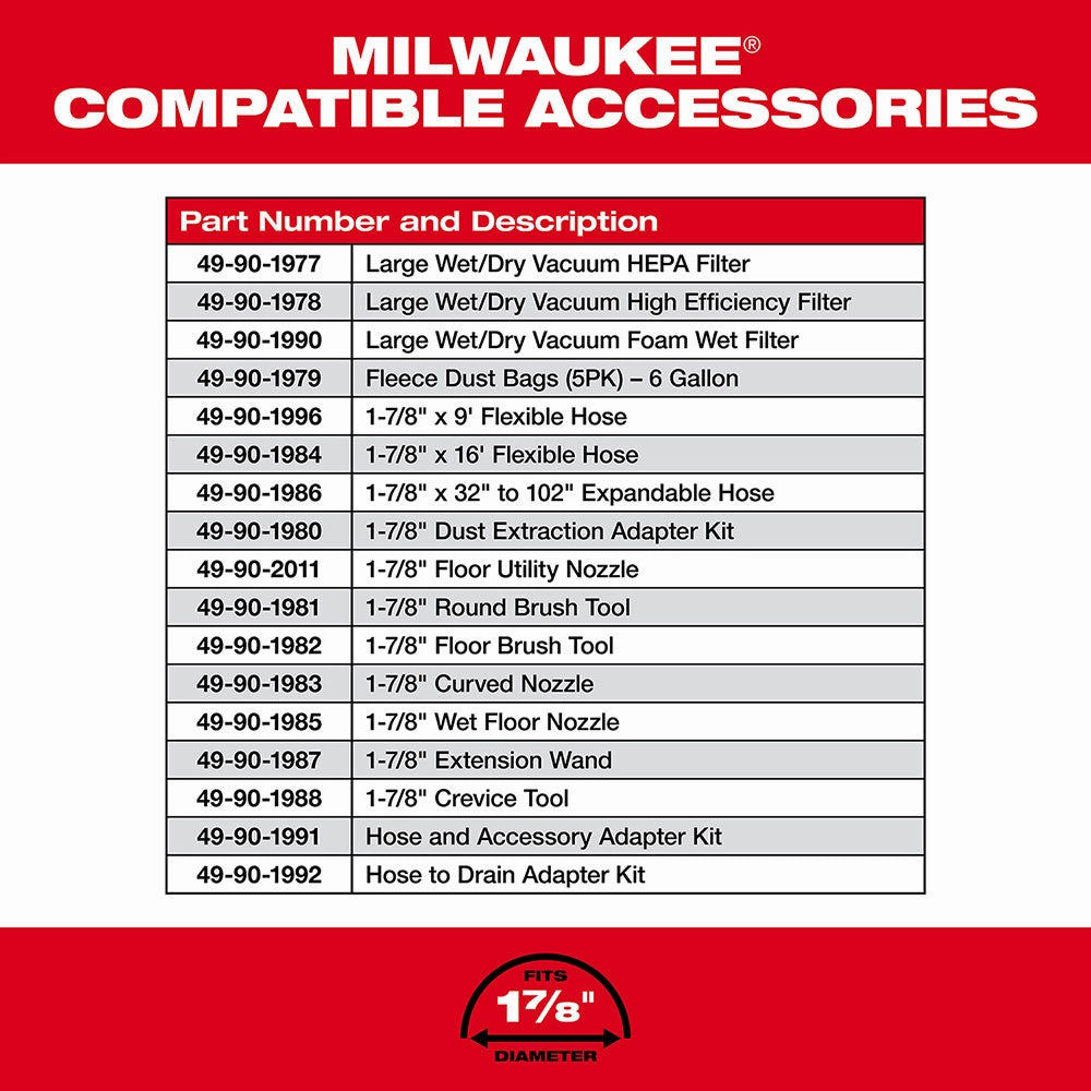 Milwaukee 0910-20CC M18 FUEL 6 Gal Wet/Dry Vacuum w/ AIR-TIP Bristle/Crevice Kit