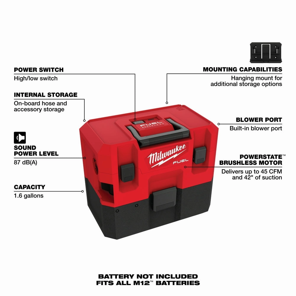 Milwaukee 0960-20AT M12 FUEL 12V 1.6 Gallon Wet/Dry Vacuum w/ Pivoting Wand