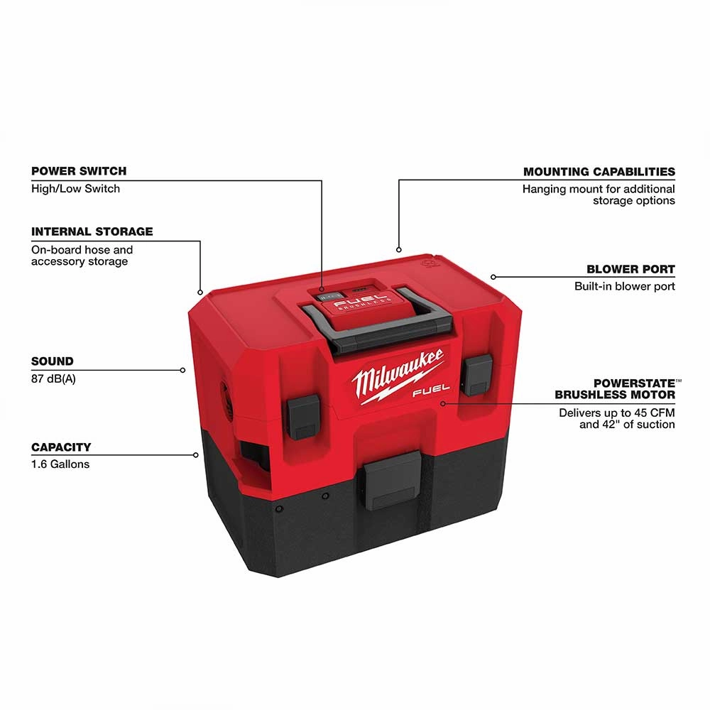 Milwaukee 0960-80 M12 FUEL 1.6 Gallon Cordless Wet/Dry Vacuum - Bare Tool Recon