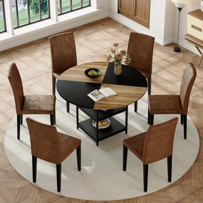 Streamdale 47" Round Dining Set: Table with Storage & 6 Brown Chairs