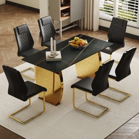 Streamdale 63" Black Sintered Stone Table & 6 PU Chairs - Golden Legs