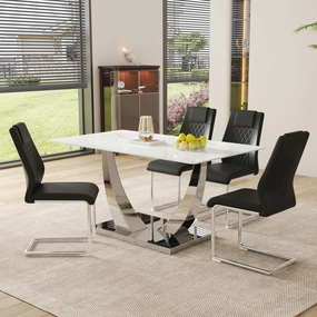 Streamdale Modern Glass Dining Set: Marble Top Table & 4 Black PU Chairs