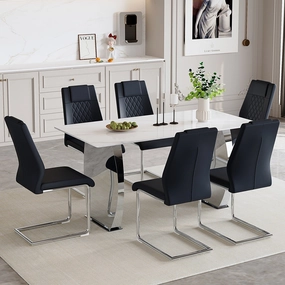 Streamdale Snow Mountain White Sintered Stone Dining Set - 6 Black PU Chairs