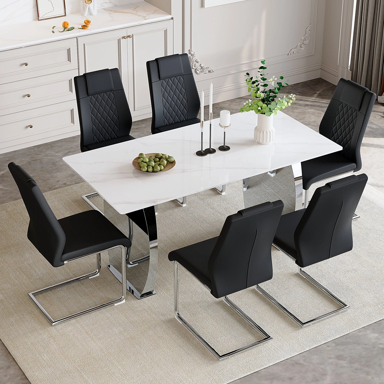 Streamdale Snow Mountain White Sintered Stone Dining Set - 6 Black PU Chairs