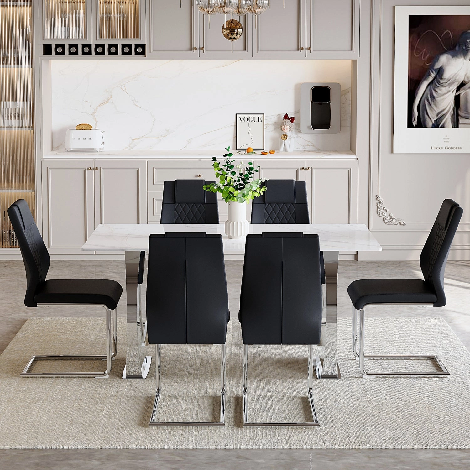Streamdale Snow Mountain White Sintered Stone Dining Set - 6 Black PU Chairs
