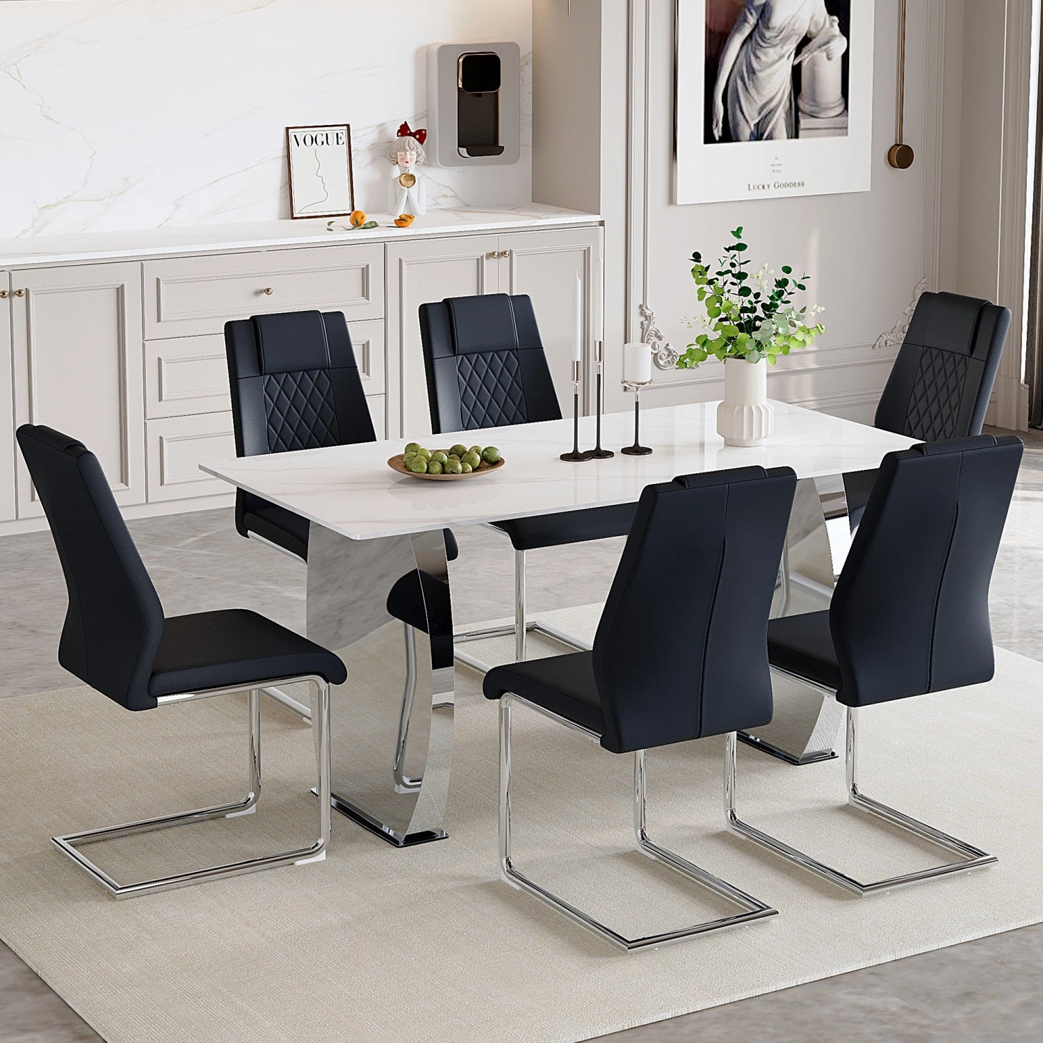 Streamdale Snow Mountain White Sintered Stone Dining Set - 6 Black PU Chairs