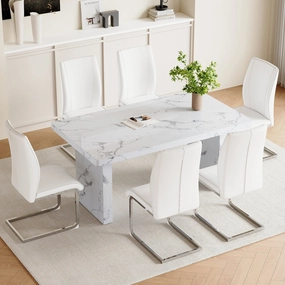 Streamdale White Marble Dining Set - 6 PU Chairs, Silver Legs