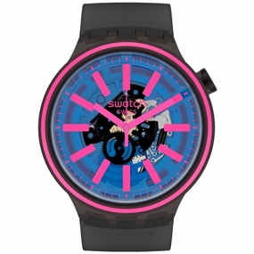 Swatch Unisex Watch - Big Bold Blue Taste Semi-Skeleton Dial Black Strap | SO27B111